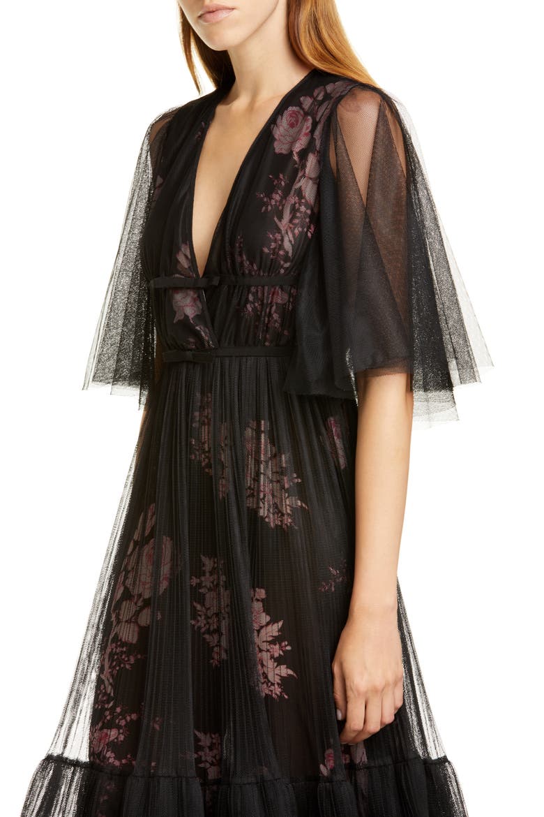 Pleated Tulle Overlay Floral Gown, Alternate, color, BLACK