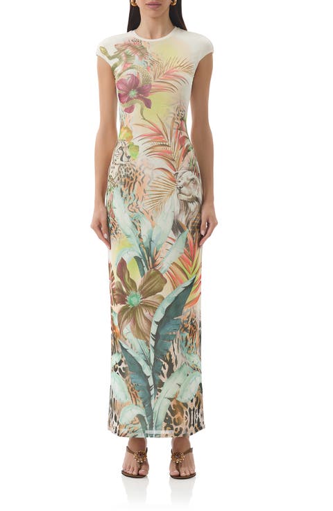 Cody Print Cap Sleeve Mesh Maxi Dress