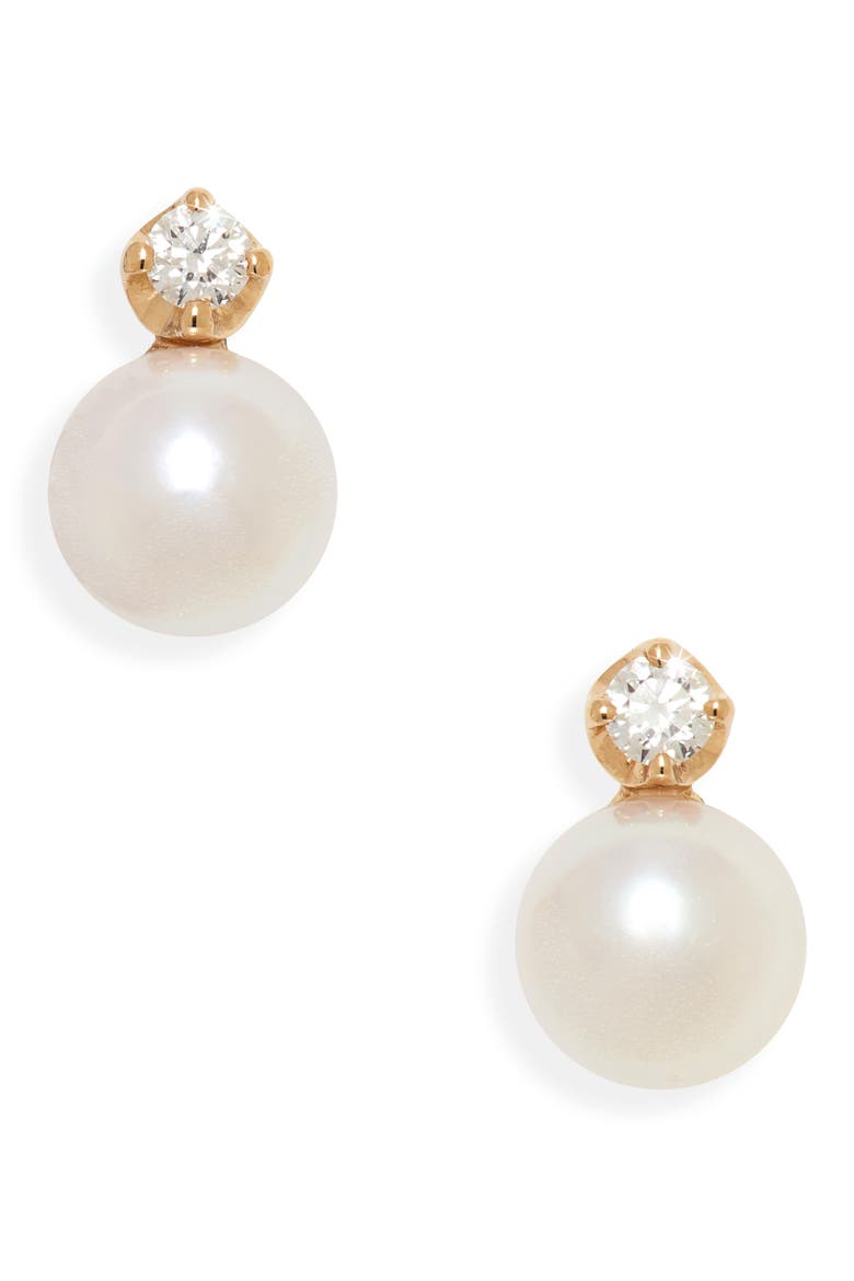 Akoya Cultured Pearl & Diamond Stud Earrings, Main, color, YELLOW GOLD