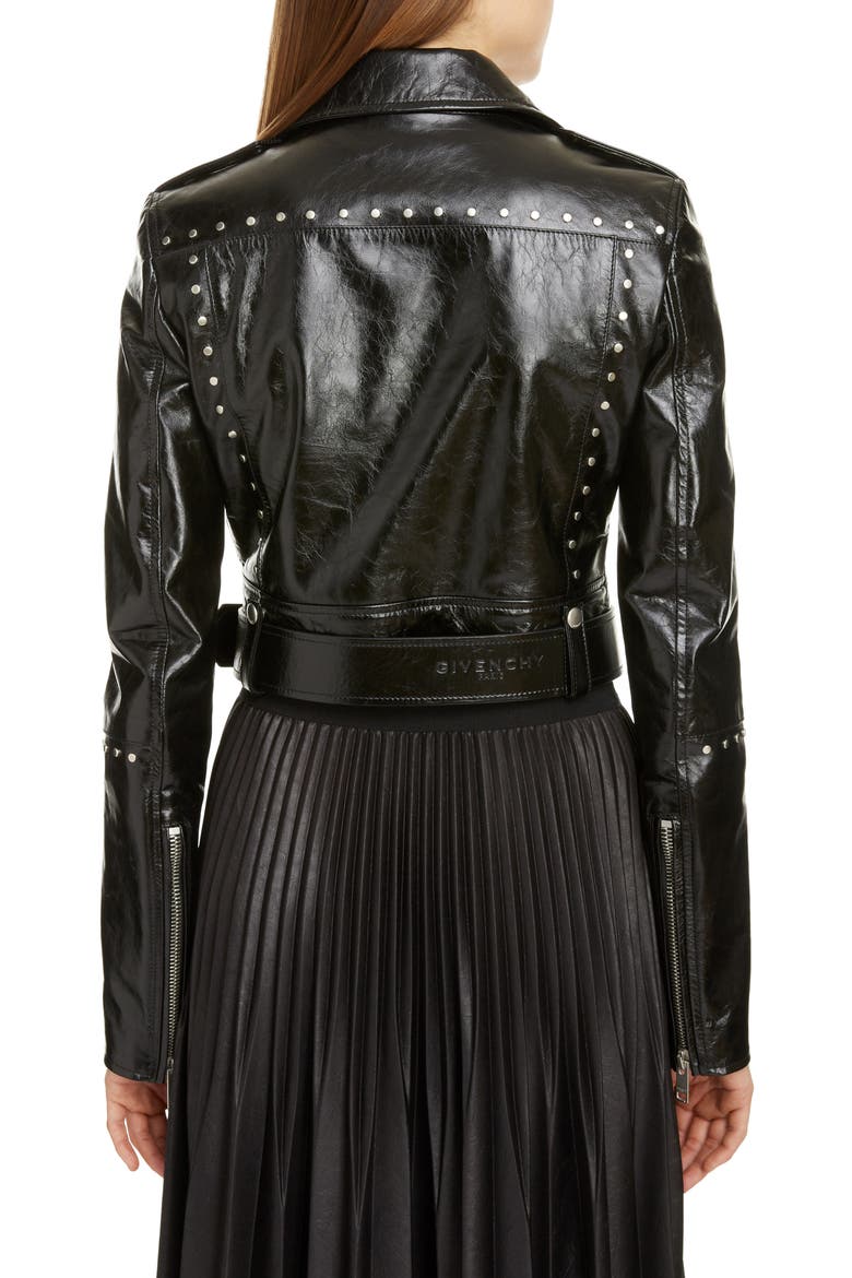 Studded Crop Leather Biker Jacket, Alternate, color, BLACK