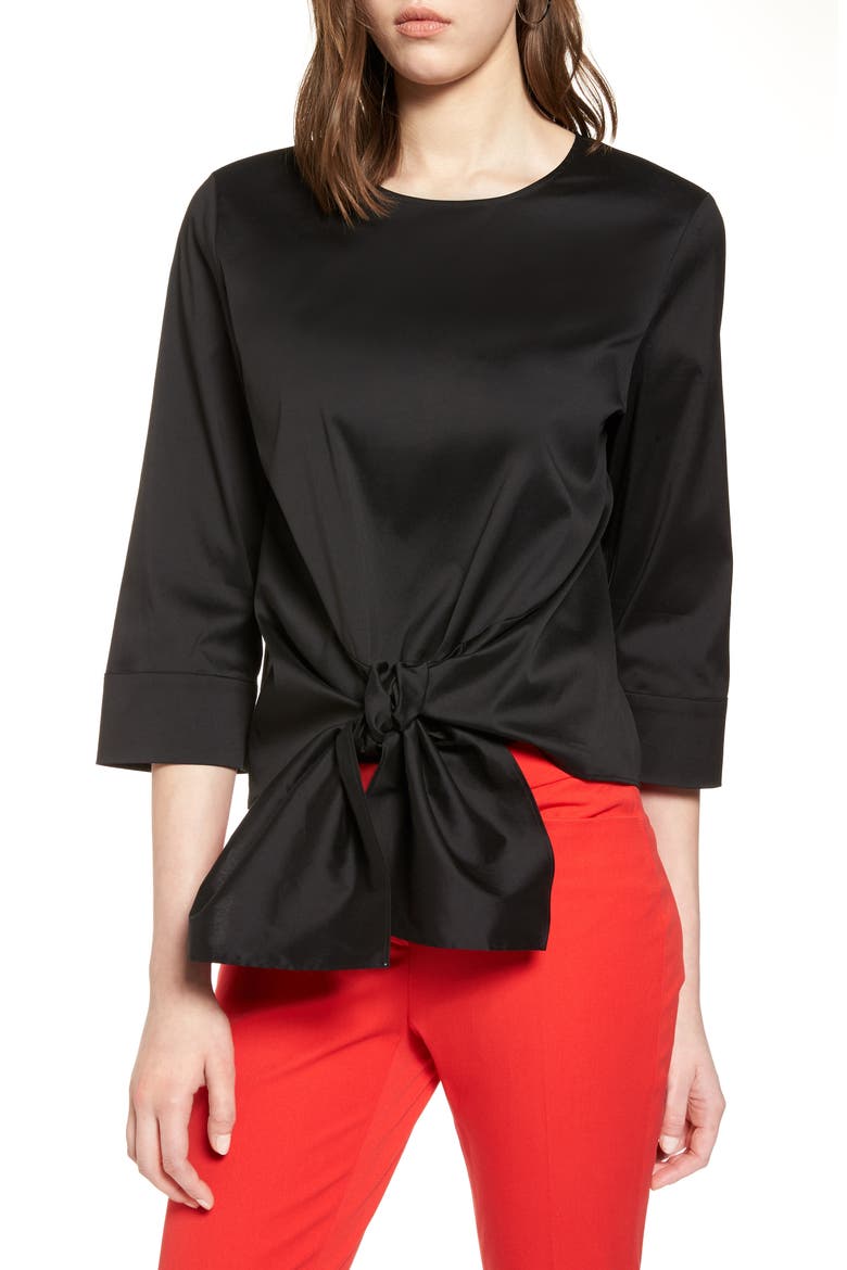 TIE FRONT BLOUSE, Main, color, BLACK
