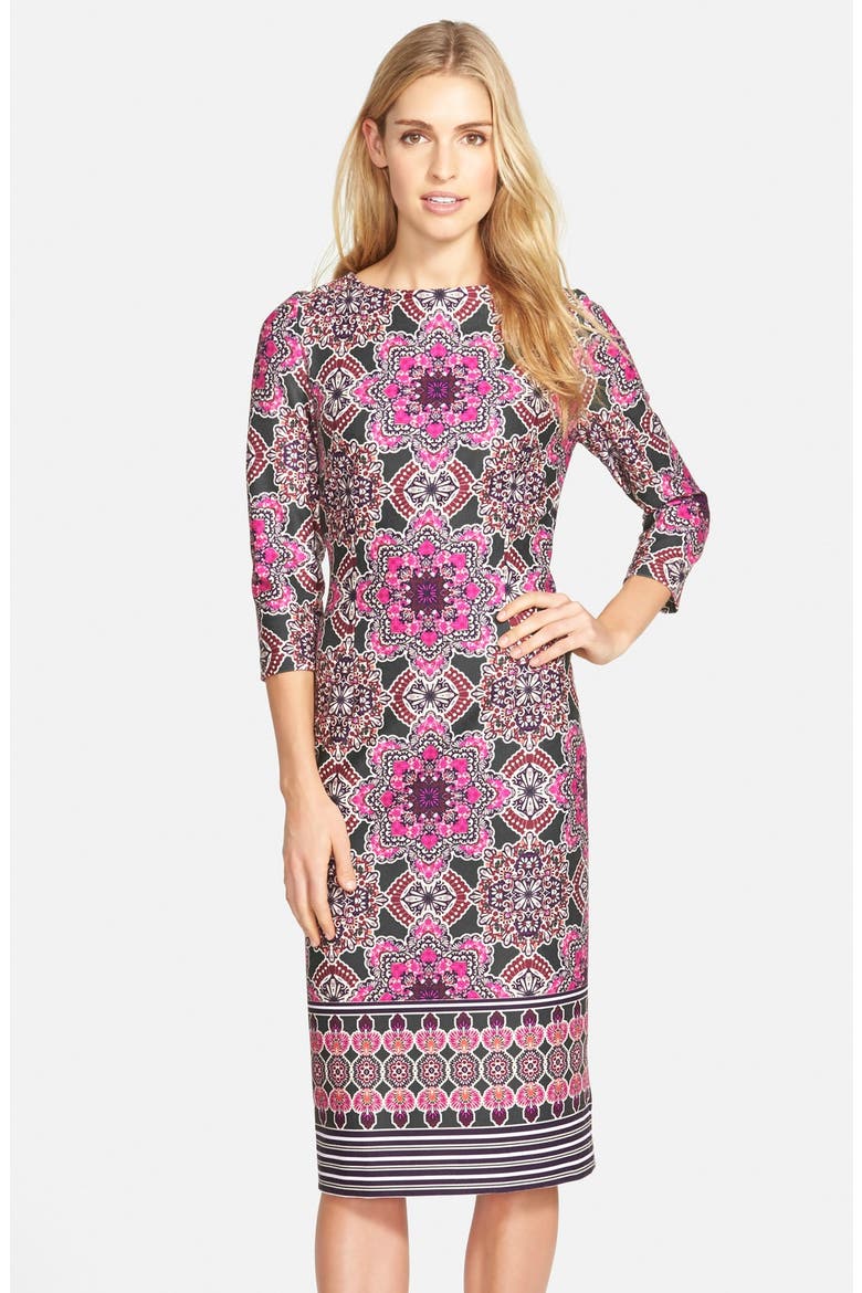 Print Ponte Midi Sheath Dress, Main, color, BLACK/ PINK