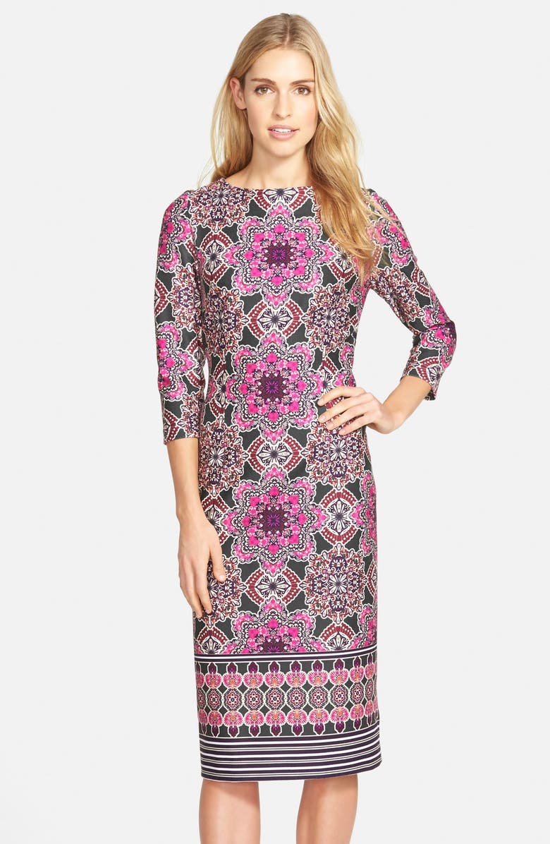 Eliza J Print Ponte Midi Sheath Dress, Main, color,