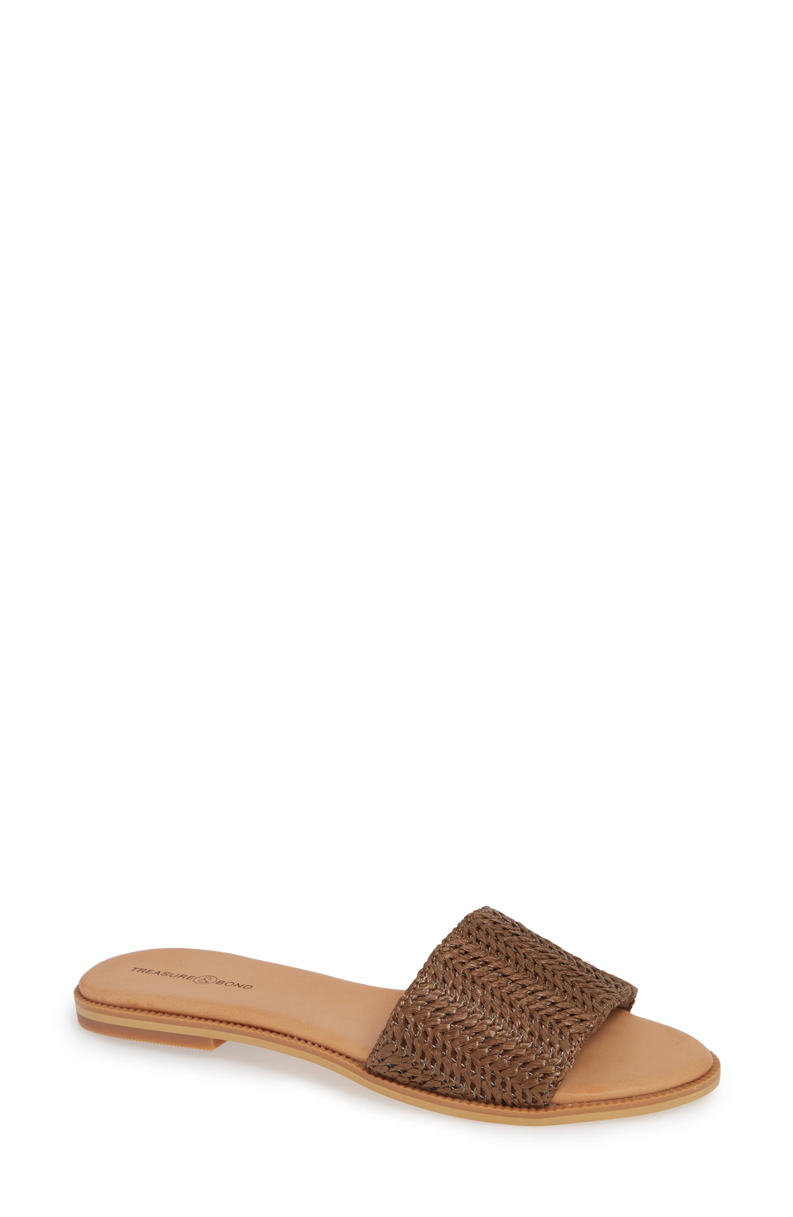 Mere Flat Slide Sandal, Main, color, BROWN FAUX RAFFIA