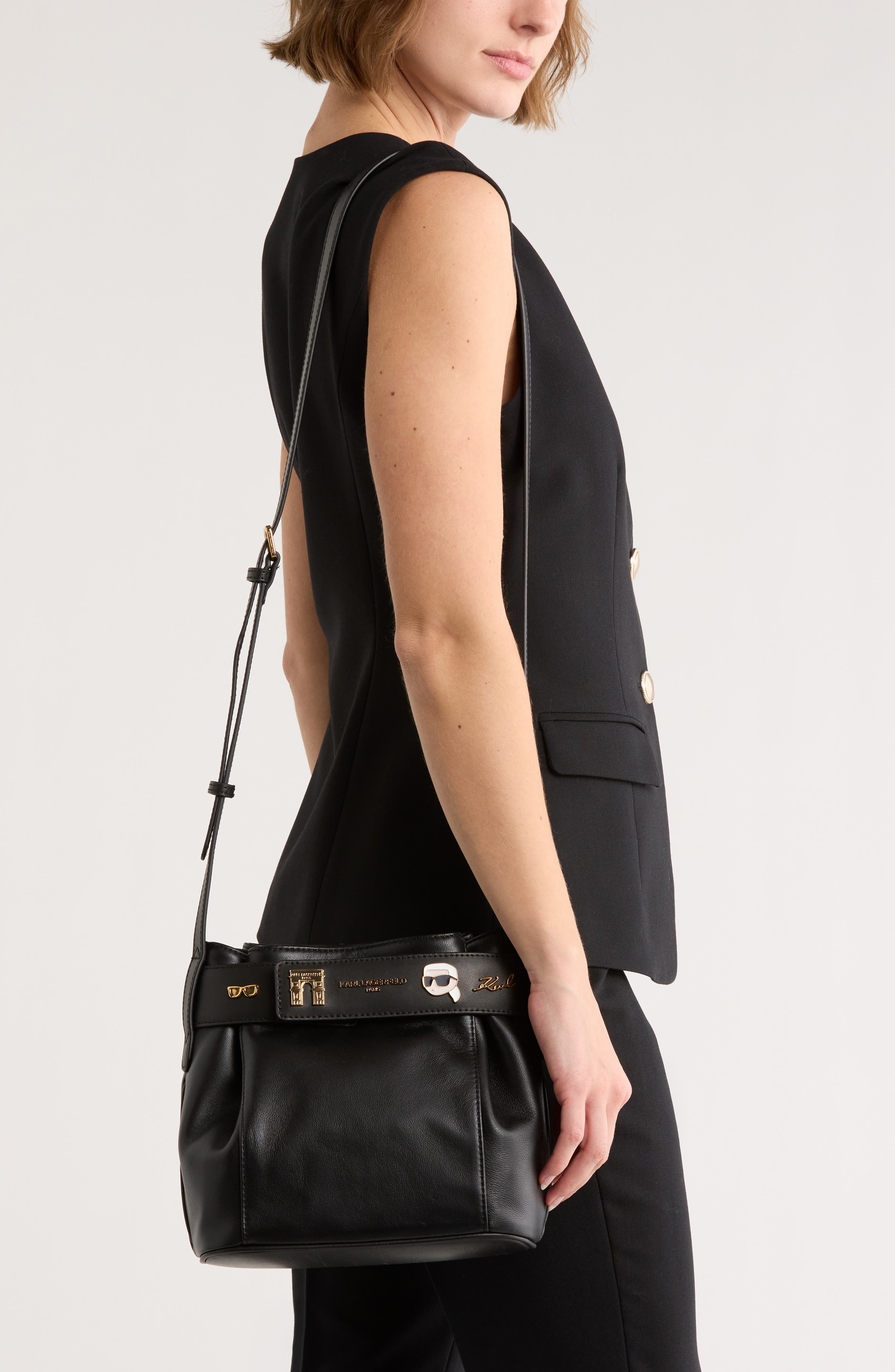 KARL LAGERFELD PARIS Delaine Leather Crossbody Bag, Alternate, color, Black/ Gold