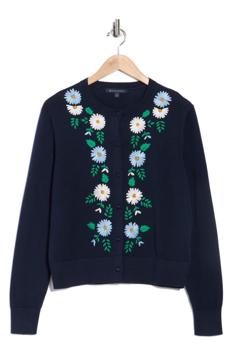 Brooks Brothers Floral Embroidered Cotton Cardigan, Alternate, color, Navy Emb. Flowers