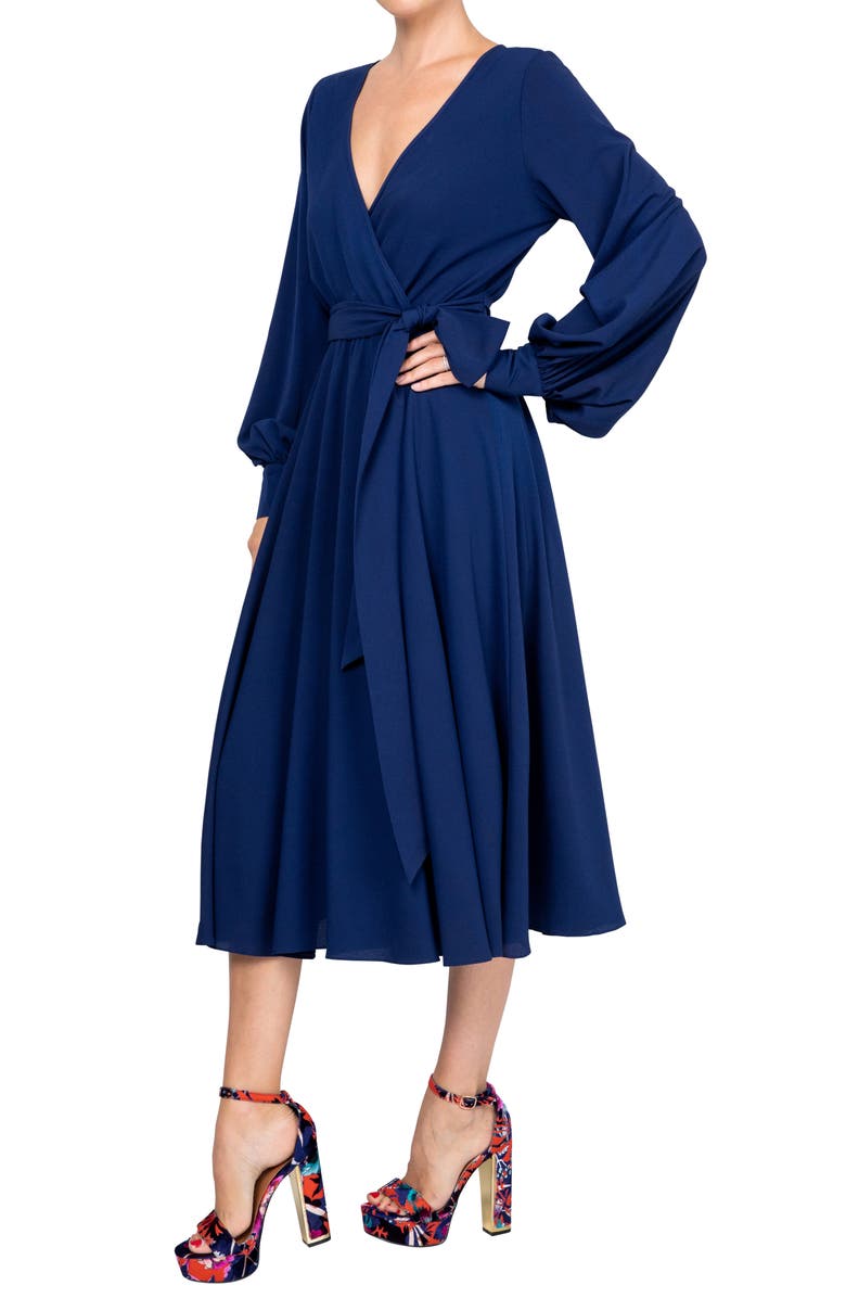 MEGHAN LA Lilypad Surplice Long Sleeve Wrap Midi Dress, Alternate, color, Navy