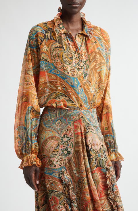 Paisley Frill Collar Silk Button-Up Shirt