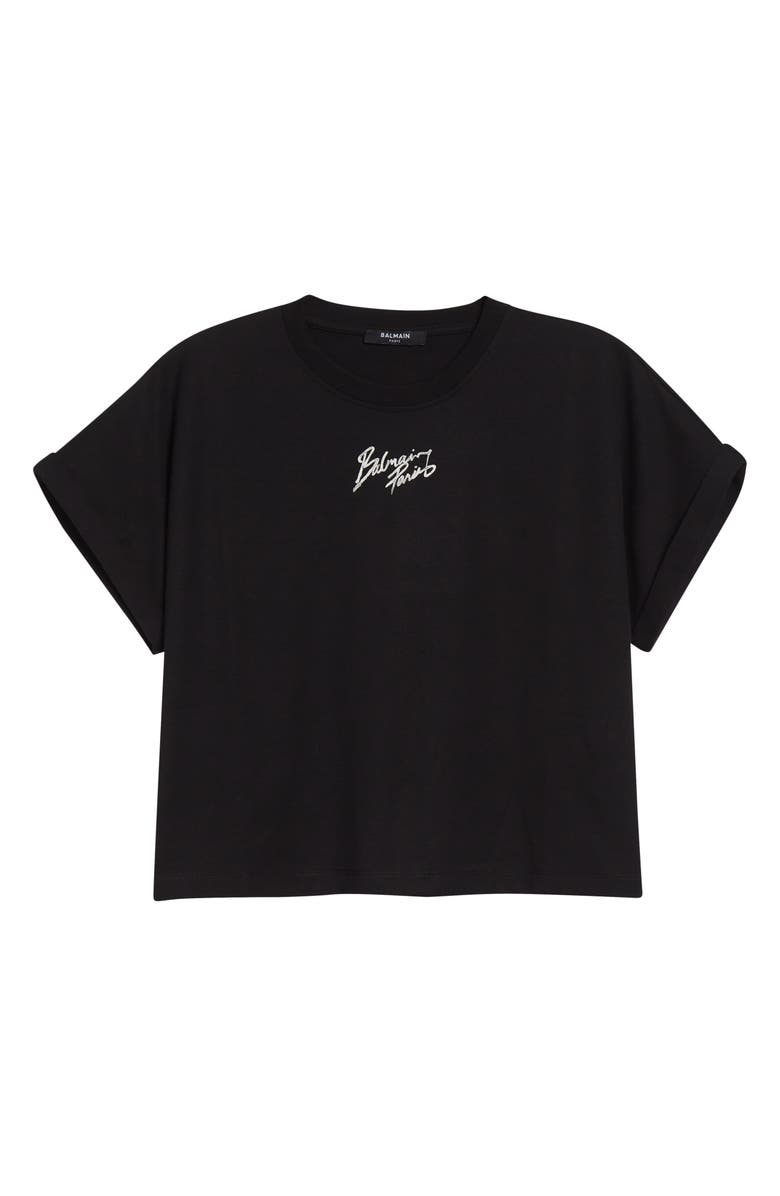 Balmain Paris Logo Graphic Crop T-Shirt, Main, color, Eab Blk/ White