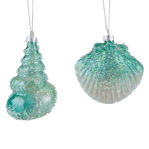 Seafoam Glitter Seashell Christmas Xmas Ornament  A/2