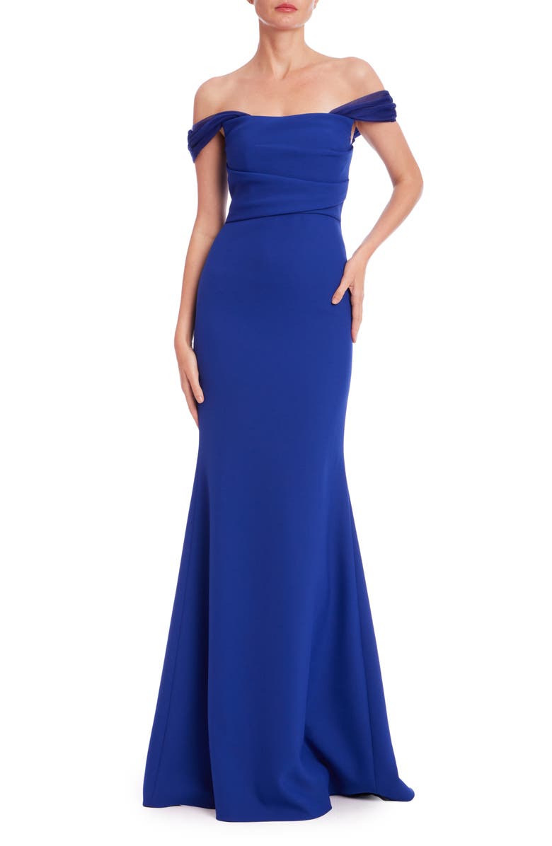 Badgley Mischka Collection Off the Shoulder Trumpet Gown, Main, color, Blueberry