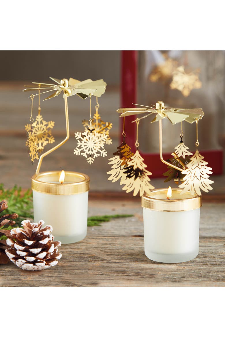 Cedar Fireplace Snowflake Carousel Candle Set of 2 Metal, Alternate, color, Gold