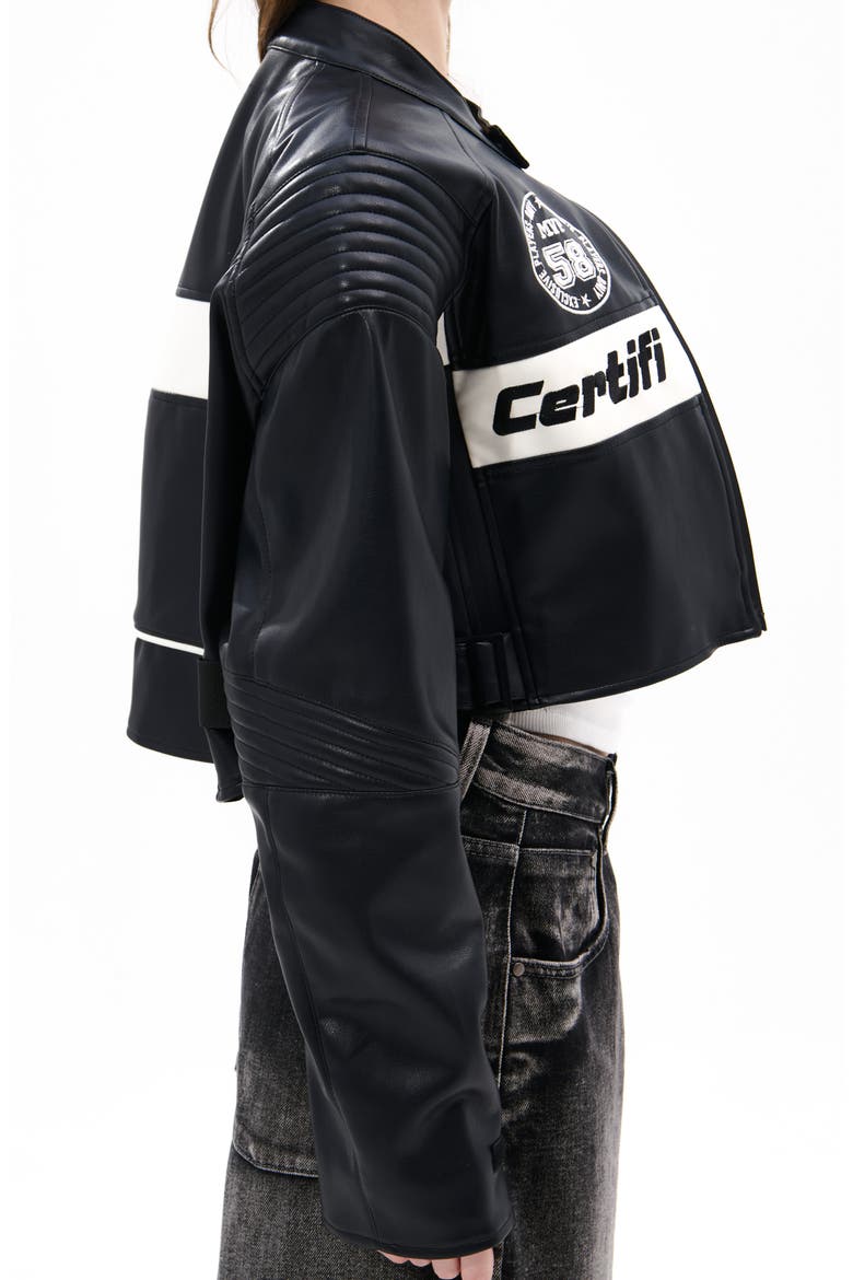 Crop Faux Leather Racing Jacket, Alternate, color, BLACK