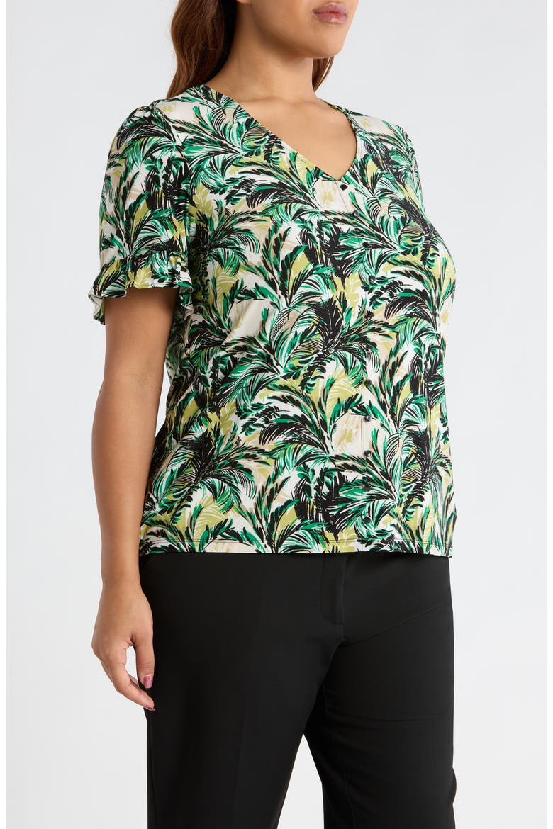 Ruffle Accent Short Sleeve Button-Up Shirt, Alternate, color, TROPICAL GREEN MULTI