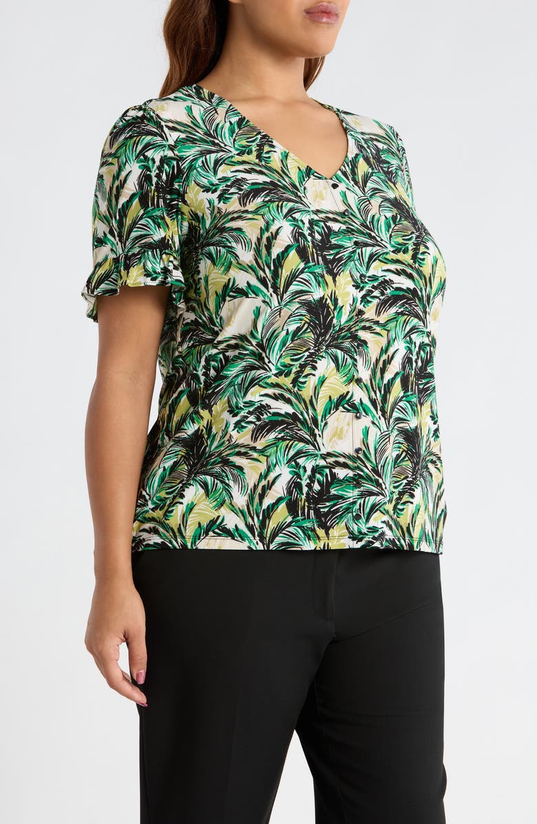 AK ANNE KLEIN Ruffle Accent Short Sleeve Button-Up Shirt, Alternate, color, Tropical Green Multi