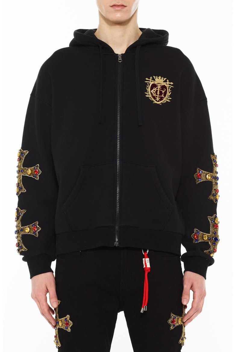 Family Crest Zip-Front Cotton Hoodie, Main, color, BLACK