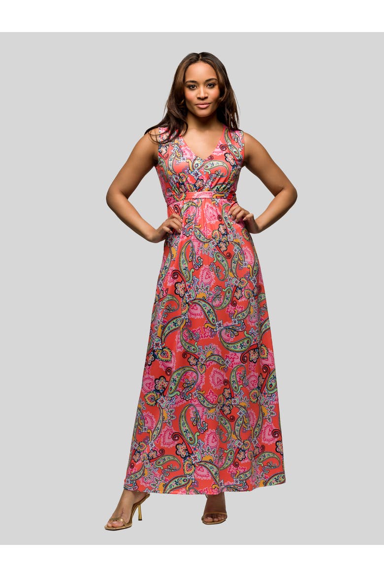 Pink Paisley Print V-Neck Empire Waist Sleeveless Maxi Dress, Main, color, Pink Multi