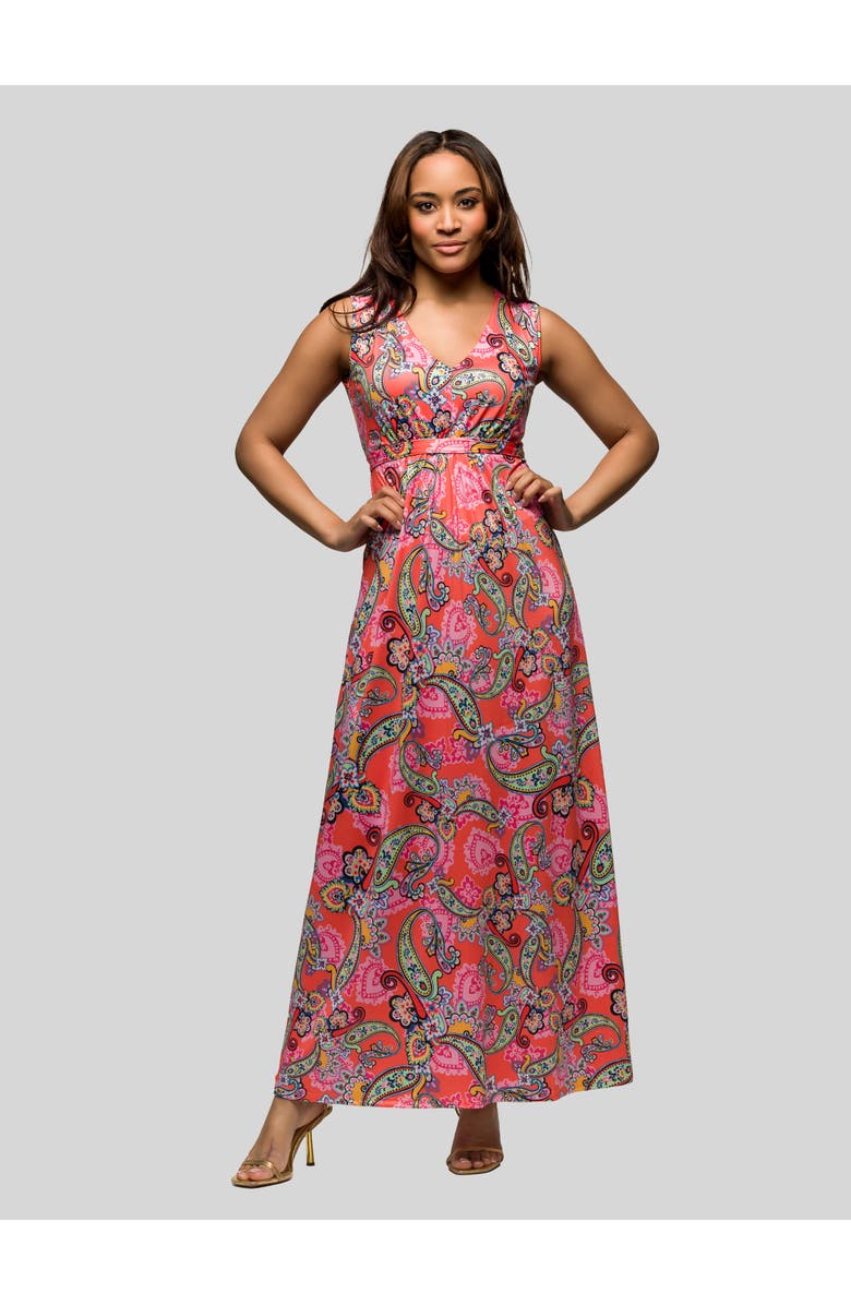 24seven Comfort Apparel Pink Paisley Print V-Neck Empire Waist Sleeveless Maxi Dress, Main, color, Pink Multi