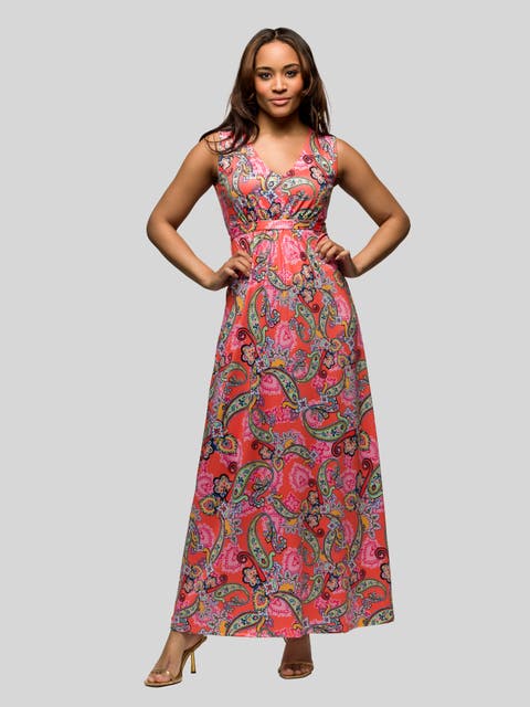 Pink Paisley Print V-Neck Empire Waist Sleeveless Maxi Dress