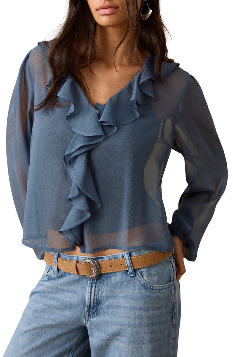 MANGO TEEN Sheer Ruffle Detail Button-Up Shirt, Main, color, Sky Blue