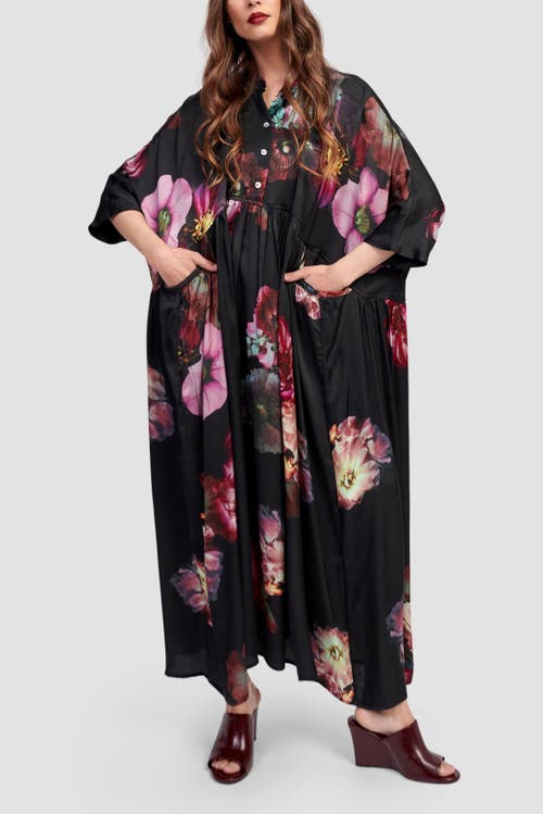 Alembika Dark Bloom Floral Oversized Satin Maxi In Black