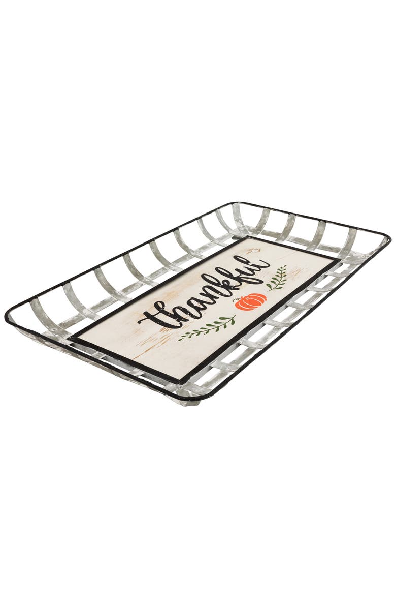 Northlight 24" Silver and White With a Pumpkin "Thankful" Rectangular Fall Serving Tray Sign, Alternate, color, Silver
