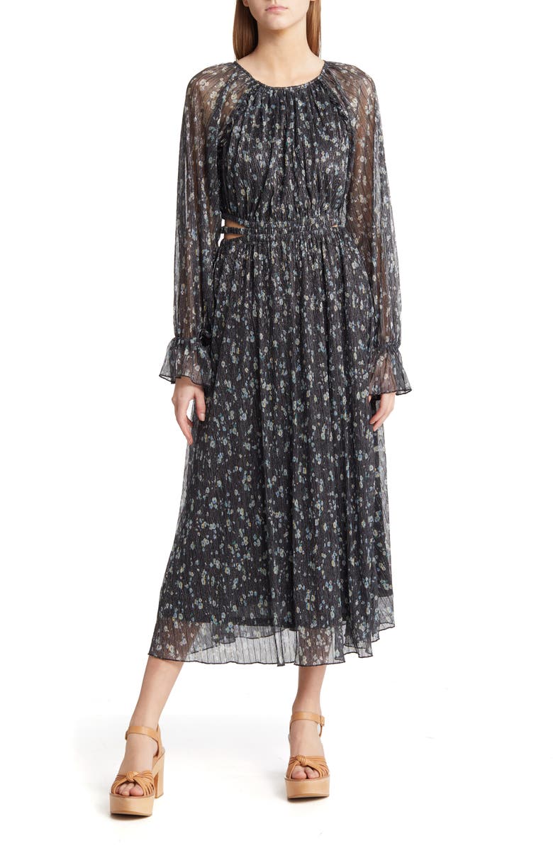 MOON RIVER Smocked Cutout Waist Long Sleeve Midi Dress, Main, color, 