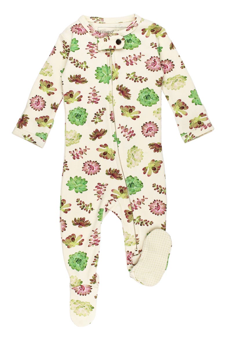 Print Organic Cotton Two-Way Zip Footie, Main, color, BUTTERCREAM SUCCULENTS