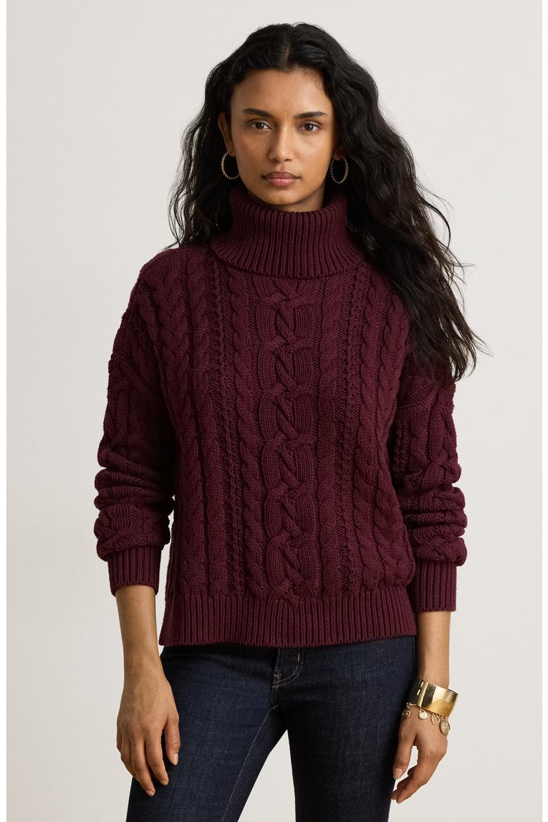 Combed Cable Knit Long Sleeve Turtleneck Sweater, Alternate, color, RED