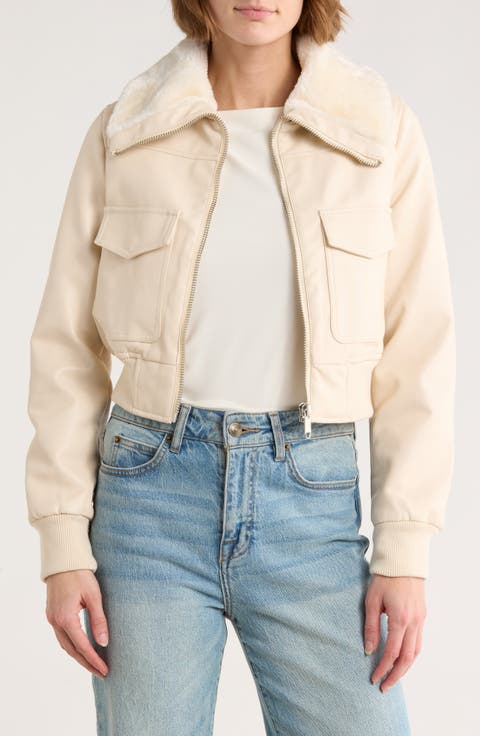 Faux Fur Collared Faux Leather Dad Bomber Jacket