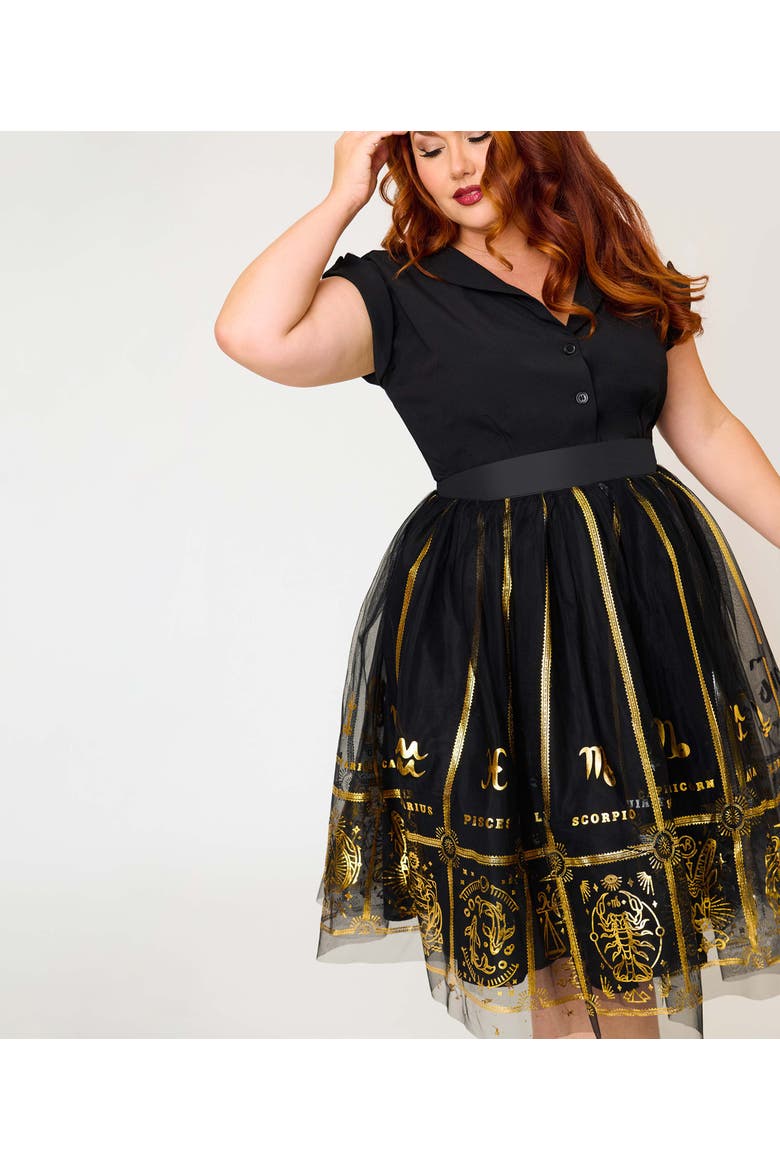 Plus Size Brilliance Swing Skirt, Alternate, color, Black Zodiac Sign Print