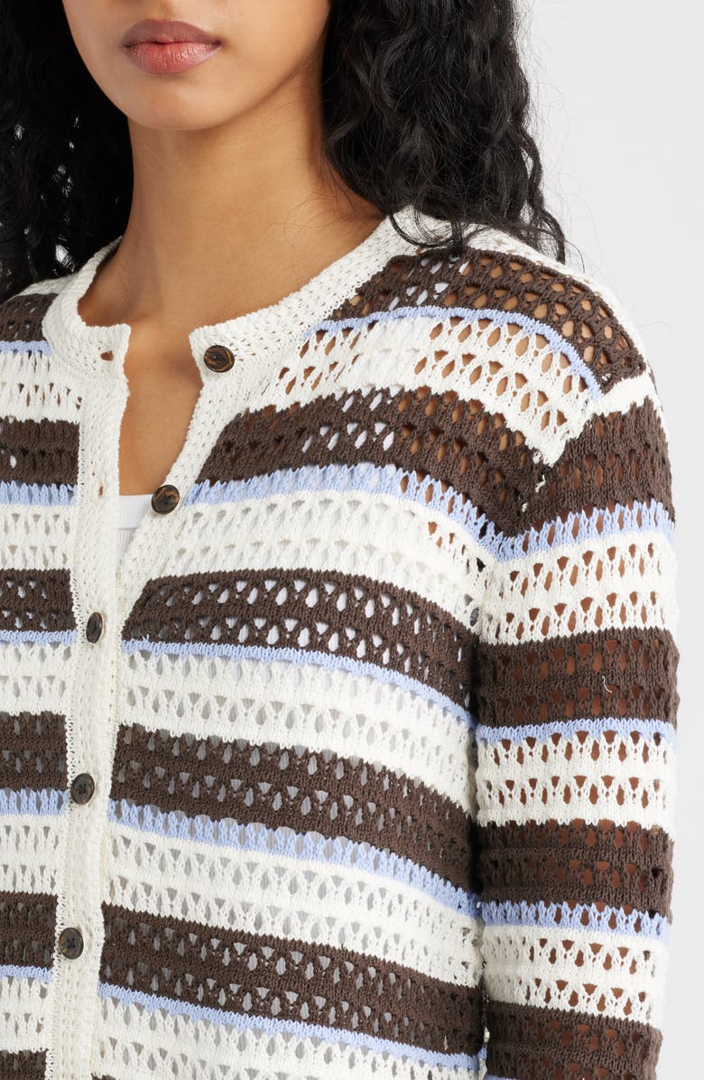 Madewell Stripe Pointelle Cardigan, Alternate, color, Ivory And Brown Multi Stripe