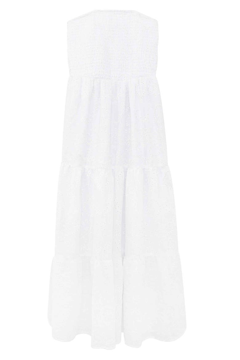 Smocked Eyelet Strapless Maxi Dress, Main, color, WHITE