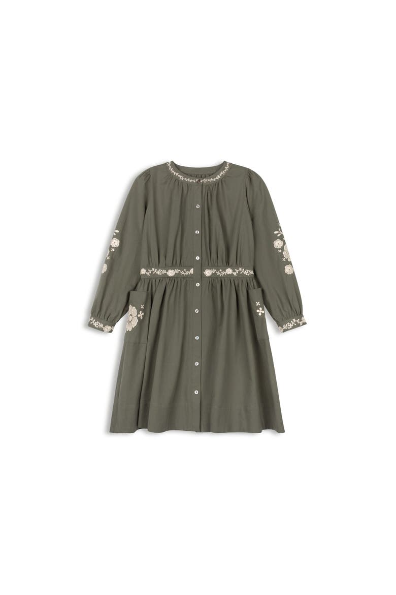 Looms Floral Embroidered Waisted Cotton Dress, Main, color, Olive