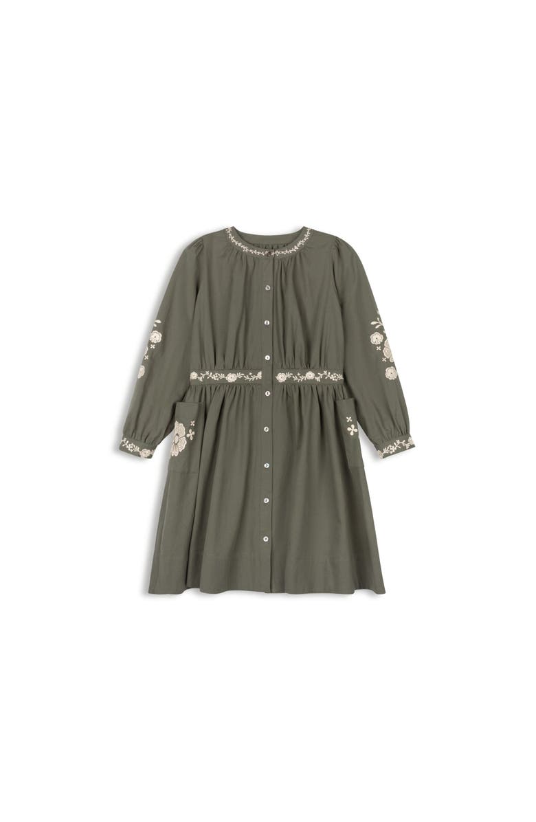 Ely's & Co. Looms Floral Embroidered Waisted Cotton Dress, Main, color, Olive