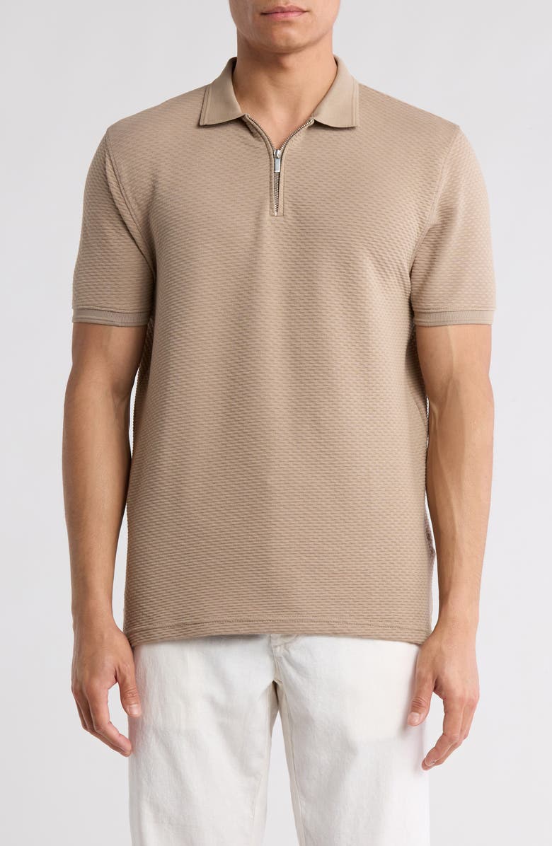 DENIM AND FLOWER Textured Quarter Zip Polo, Main, color, Taupe