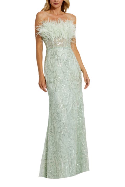 Strapless Feather Bustier Gown with Embroidery