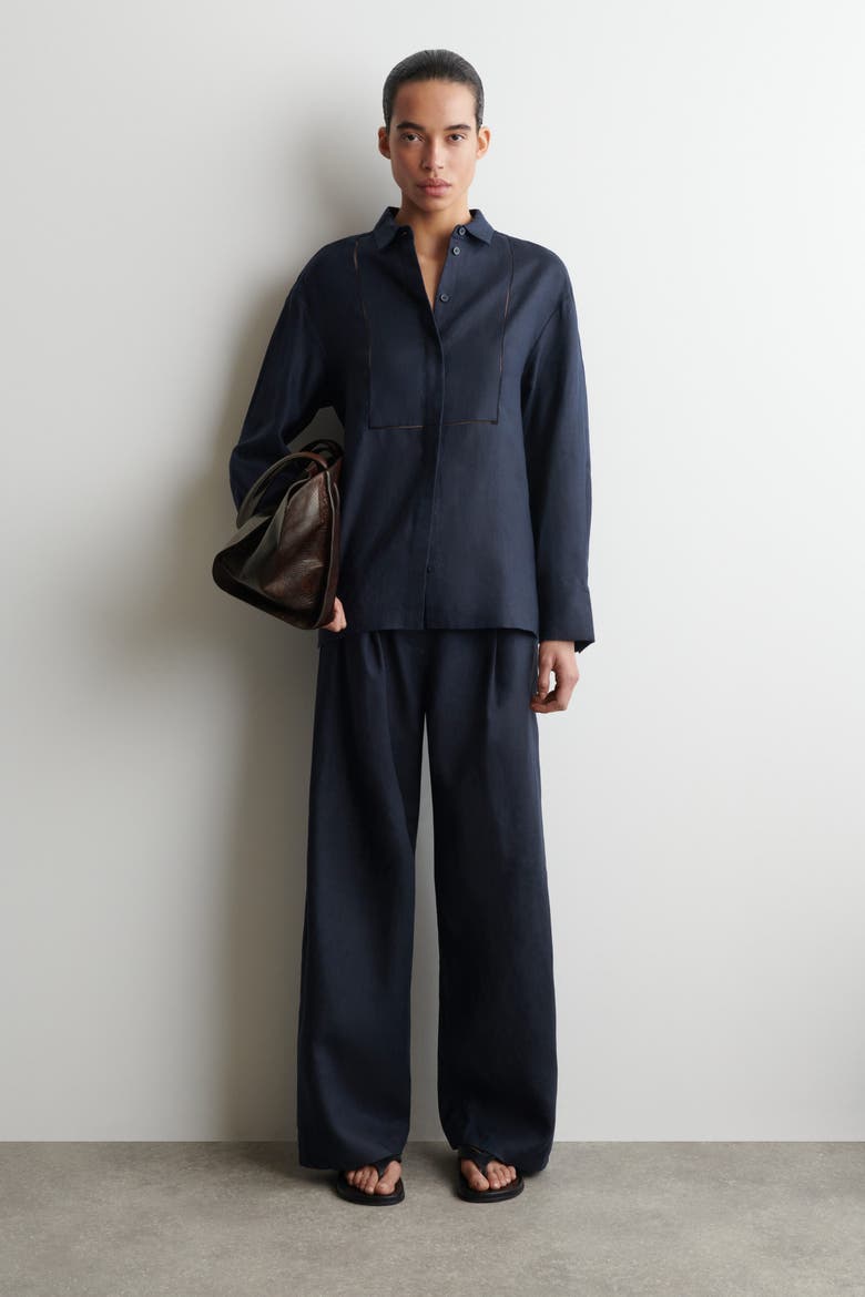 Embroidered-detail Linen Shirt, Alternate, color, NAVY