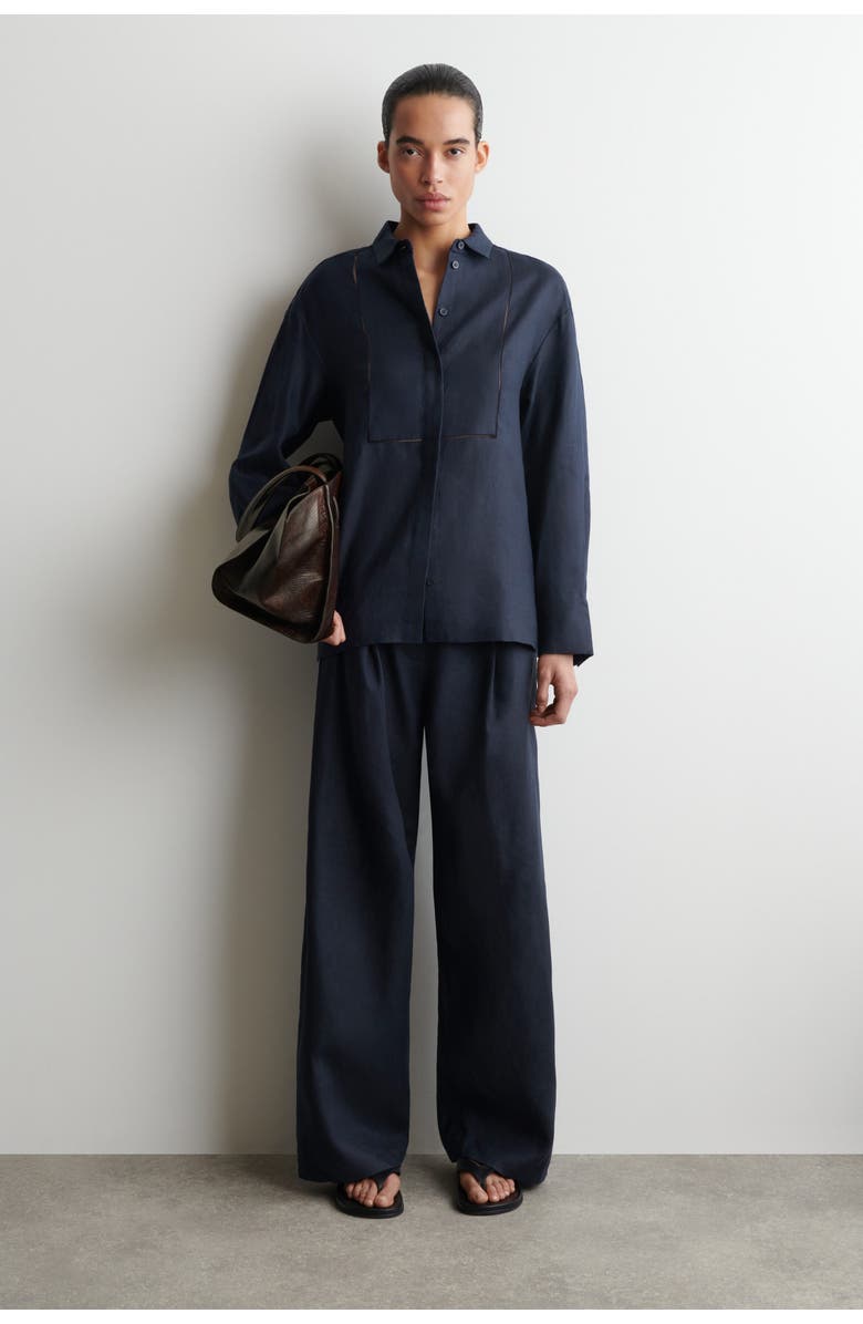 COS Embroidered-detail Linen Shirt, Alternate, color, Navy