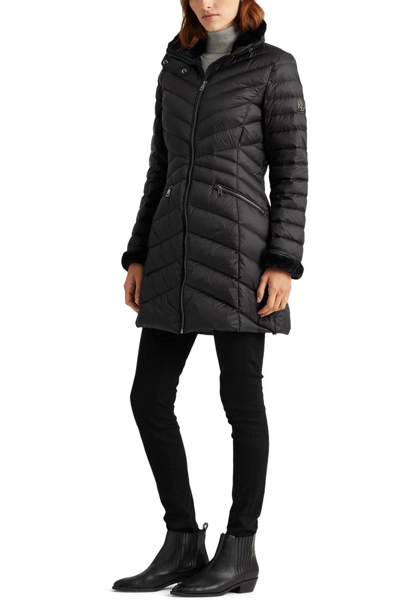 Lauren Ralph Lauren Chevron 650 Fill Power Down Coat with Faux Fur Trim, Alternate, color,