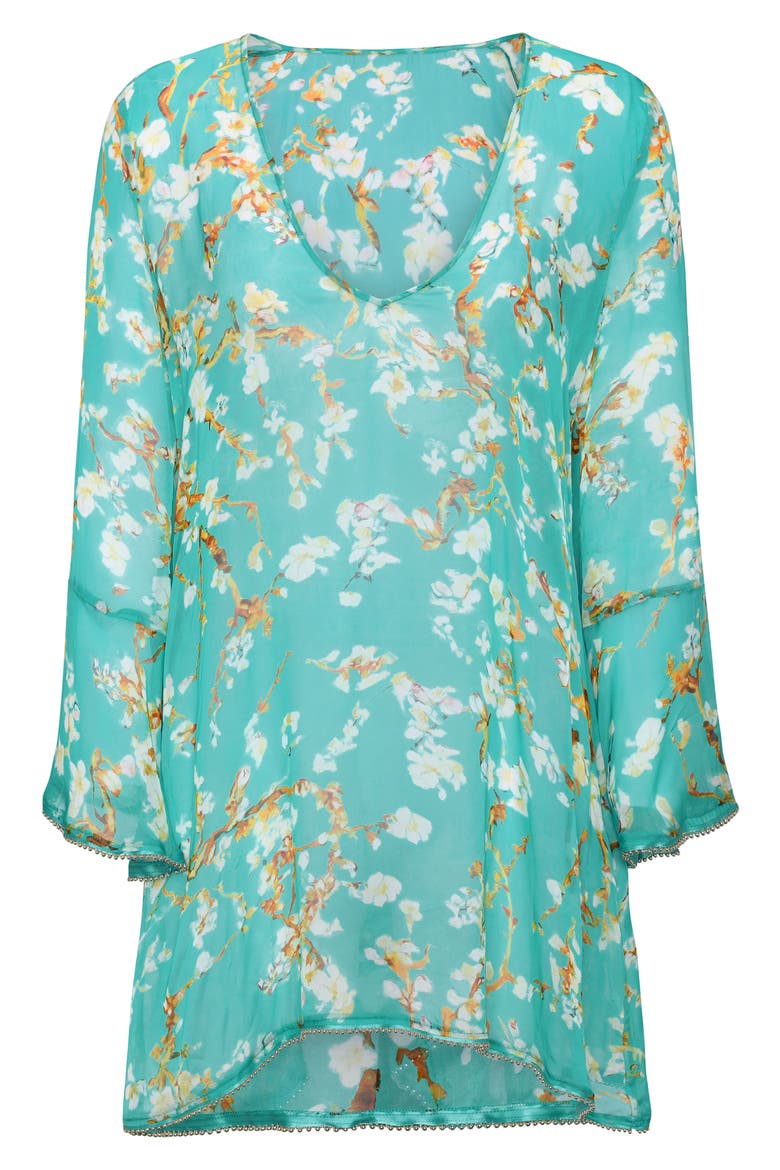 Ansley Cherry Long Sleeve Semisheer Cover-Up Dress, Alternate, color, AQUA