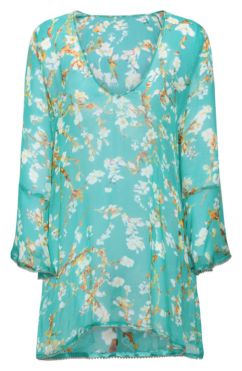 L'AGENCE Ansley Cherry Long Sleeve Semisheer Cover-Up Dress, Alternate, color, Aqua