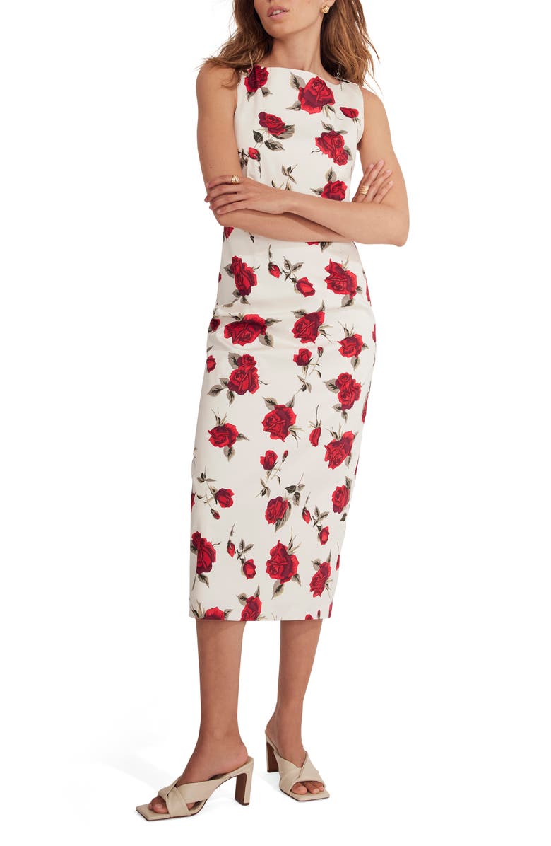 MINT VELVET Rose Print Midi Dress, Alternate, color, Red