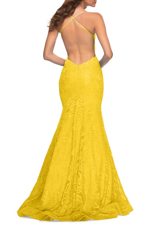 La Femme Bright Mermaid Lace Gown With Sheer Bodice And Open Back In Yellow