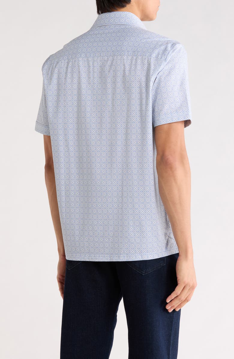 Bugatchi Geometric Print Stretch Cotton Short Sleeve Button-Up Shirt, Alternate, color, Air Blue