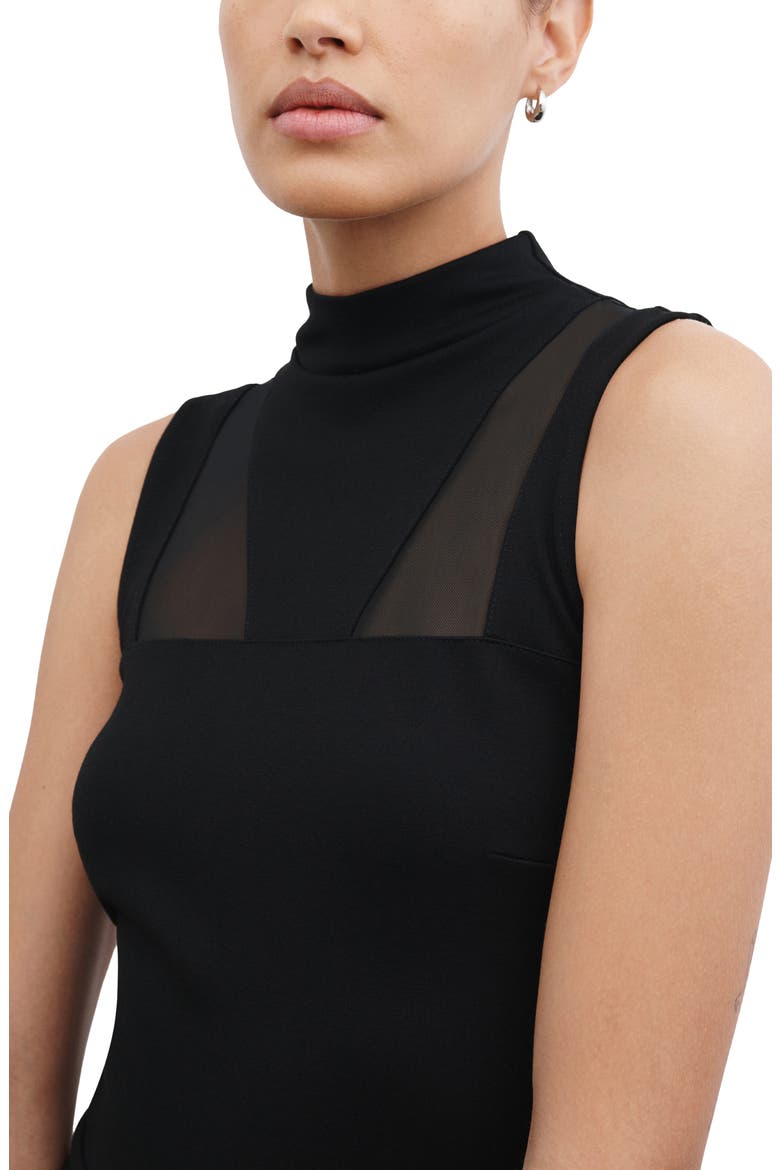 Amelia Ponte & Mesh Funnel Neck Midi Dress, Alternate, color, BLACK