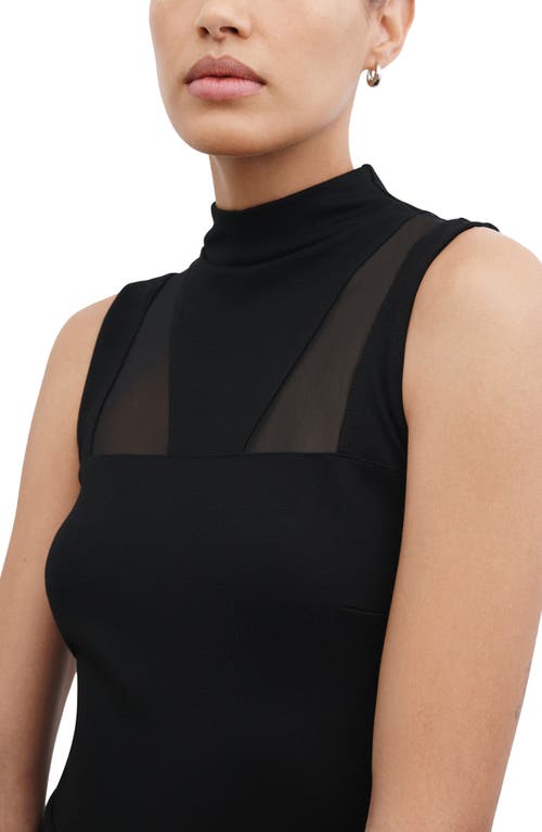 Marcella Amelia Ponte & Mesh Funnel Neck Midi Dress In Black
