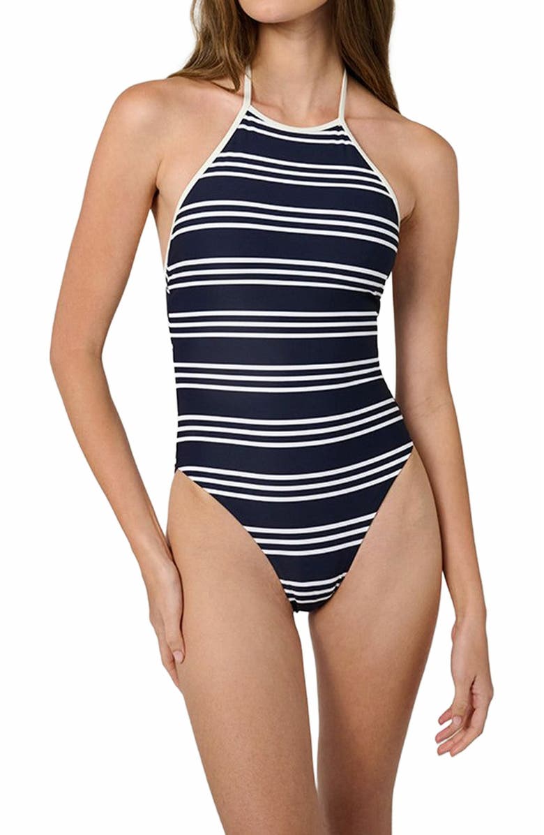 WeWoreWhat Halter One Piece, Alternate, color, Dk Navy/Offwh