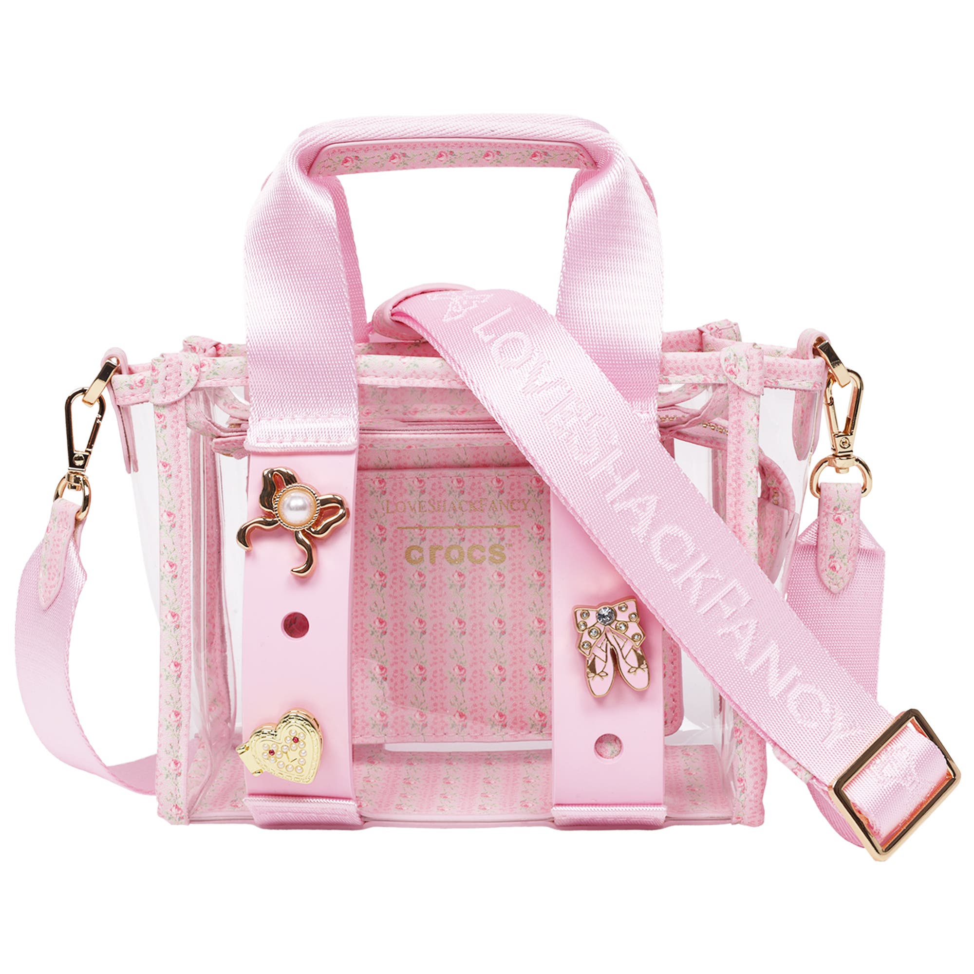 CROCS x LoveShackFancy Clear Mini Tote Crocssbody Bag With Charm details and Dust bag, Main, color, 