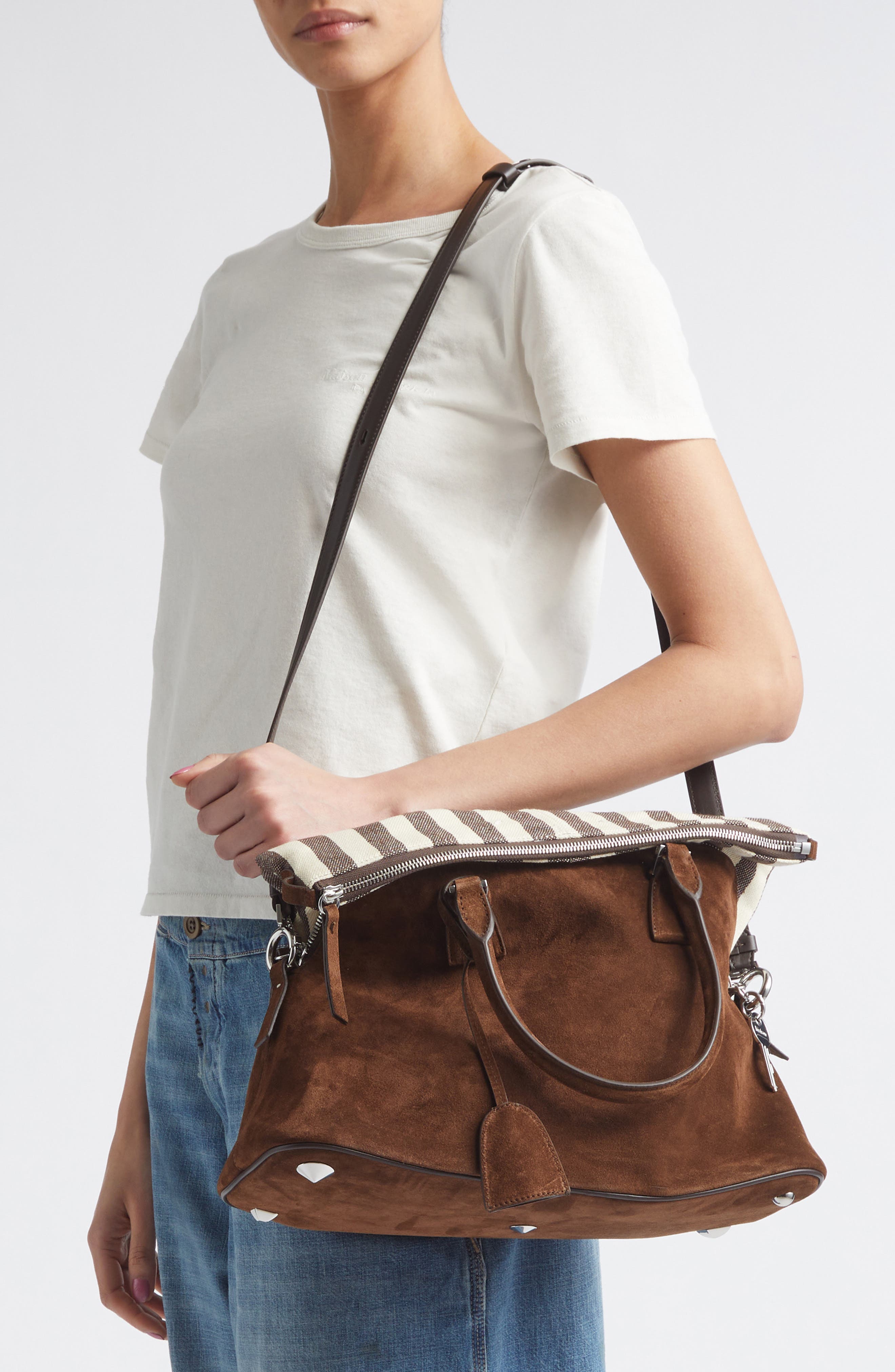 Maison Margiela Medium 5AC Soft Suede & Canvas Handheld Bag, Alternate, color, Roches/ Ivory/ Dark Brown